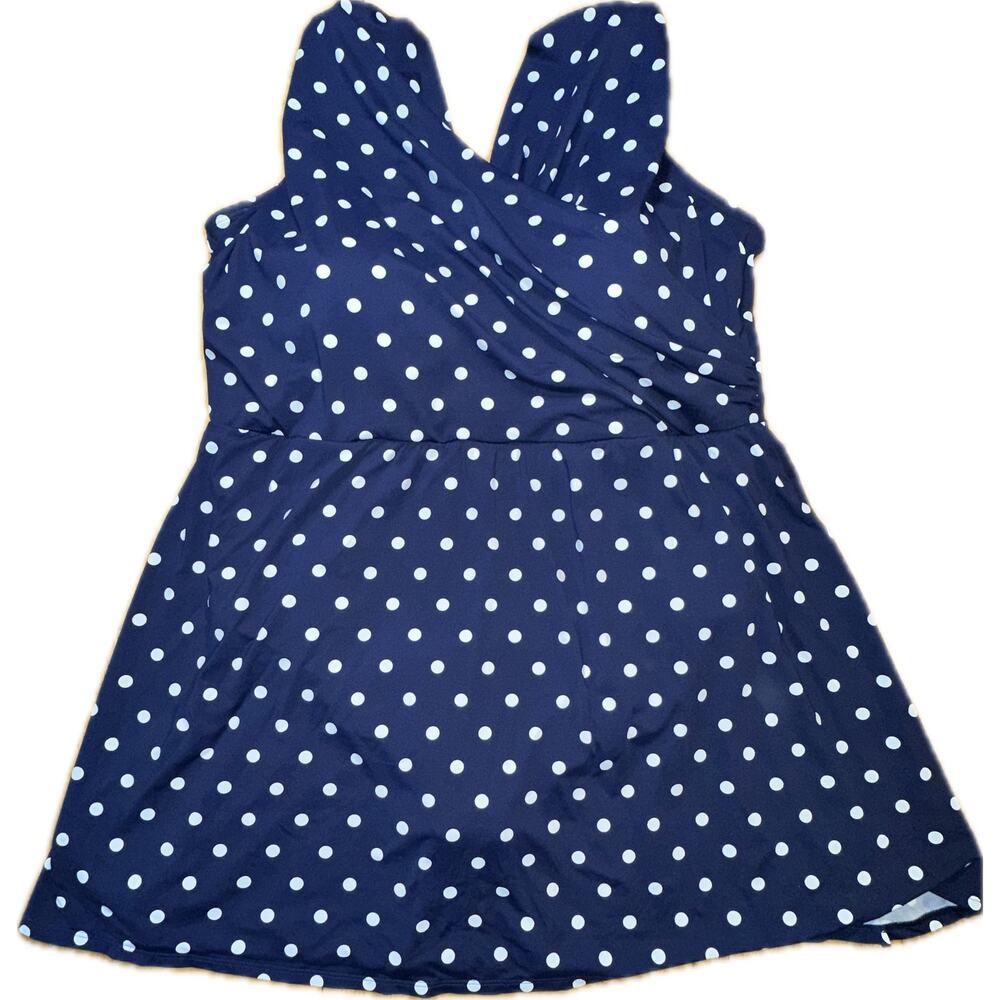 Lands' End Women's Plus Size 26W Swimdress Blue Polka Dot‎ Chlorine Resistant